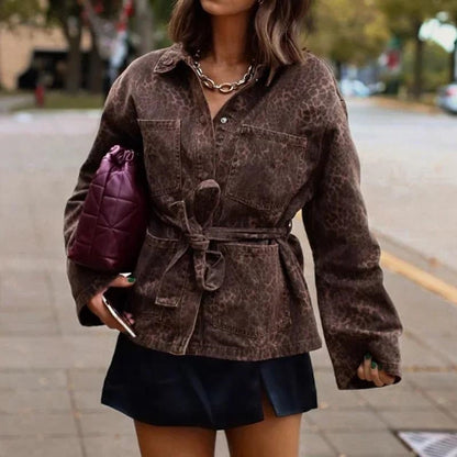 Animal Print Collar Belted Jacket