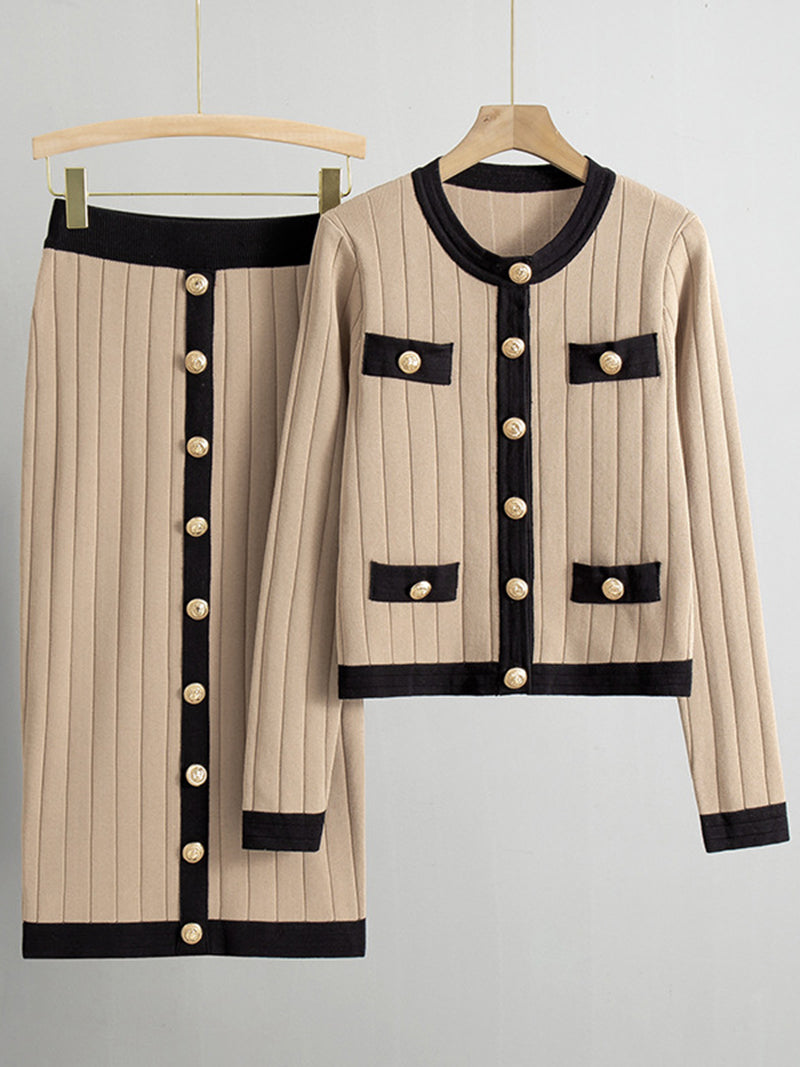 Pleated Button-Up Cardigan and Skirt Set