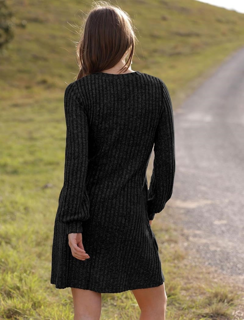 V-Neck Long Sleeve Ribbed Dress