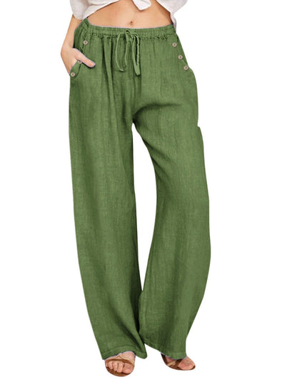 Wide-Leg Buttoned Drawstring Pants