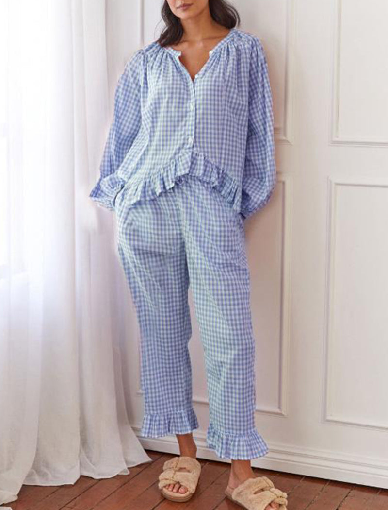 Ruffle Buttoned Long Sleeve Top and Pants Set