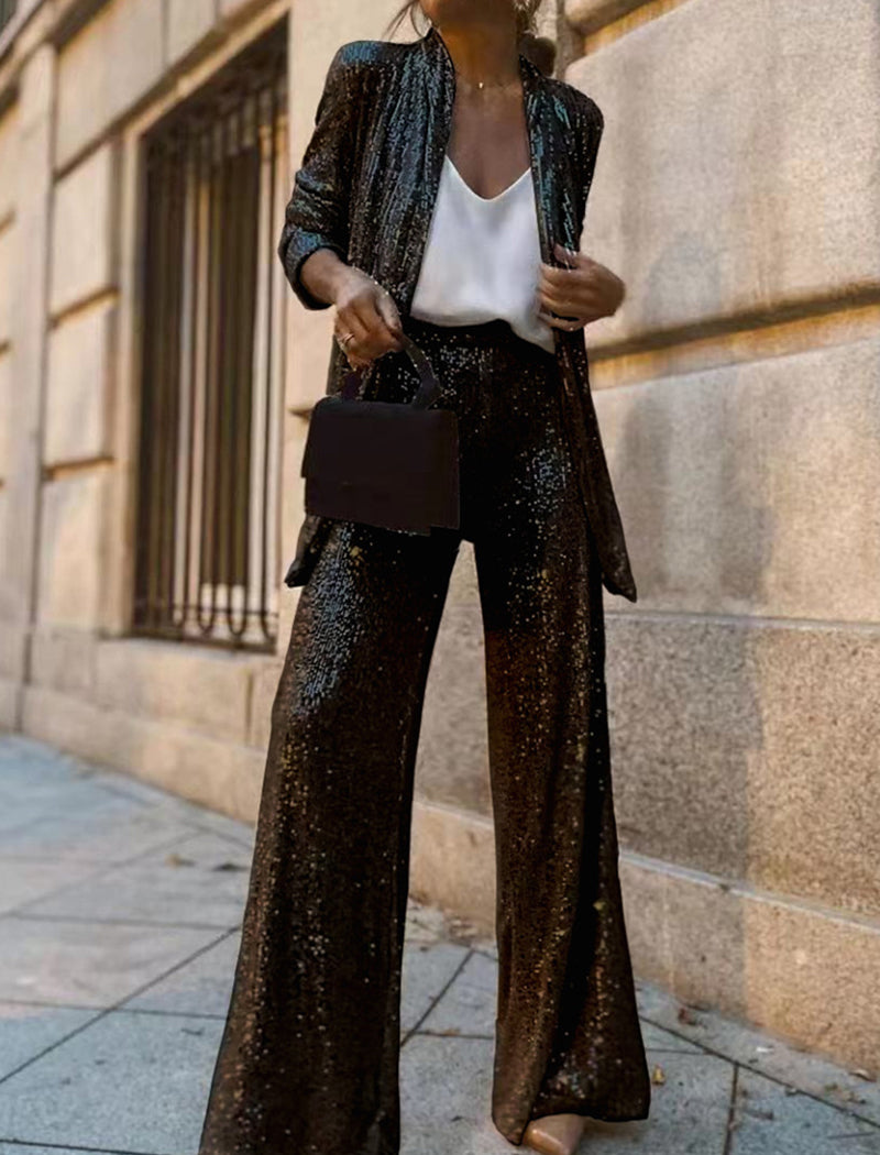 Sequined Two-Piece Set with Wide-Leg Pants