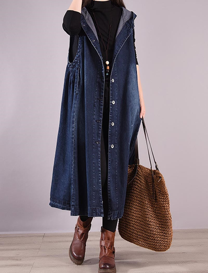 Sleeveless Button-Up Long Denim Vest
