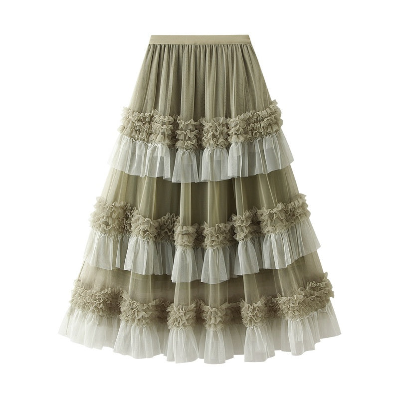 Tiered Ruffle Mesh Midi Skirt