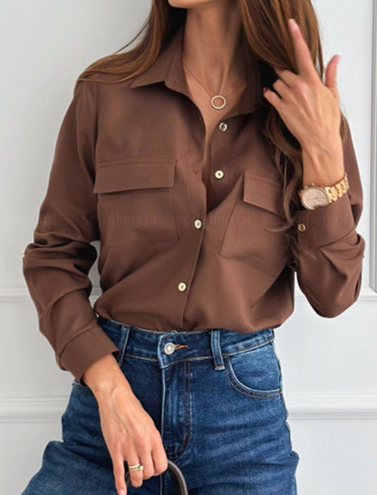 Solid Rolled Sleeve Single-Button Long Sleeve Shirt