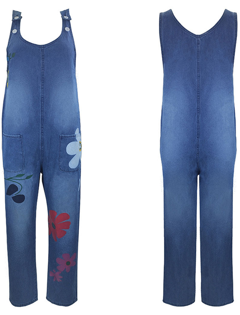 Floral Print Denim Jumpsuit