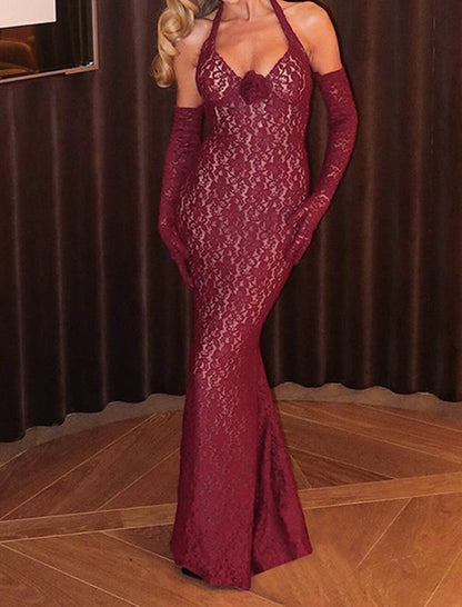 Slim-Fit Lace Halter Neck Long Dress