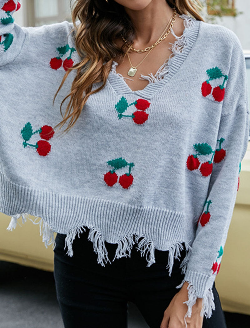 Loose V-Neck Fringed Knit Sweater