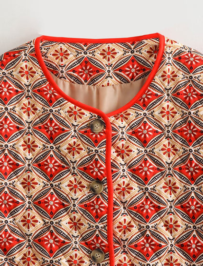 Button-Detail Floral Crewneck Cardigan