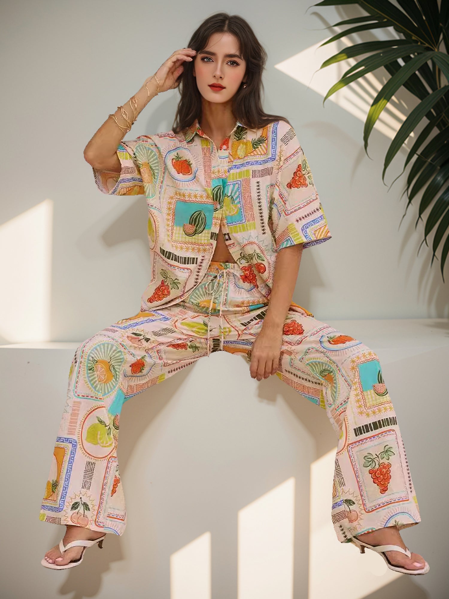 Fruit Print Shirt and Pants Set