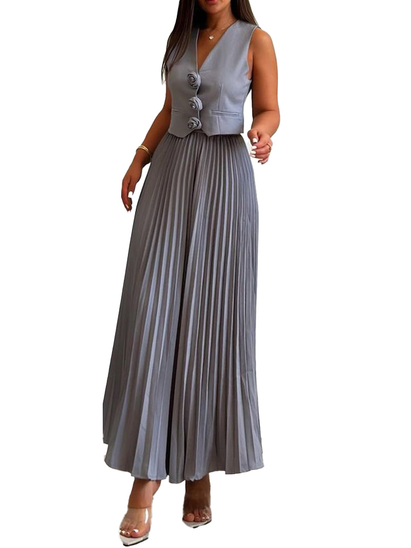 Rosette Vest and Pleated Maxi Skirt Set