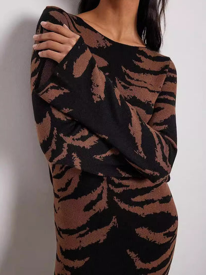 Leopard Cutout Long-Sleeve Knit Dress