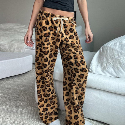 Leopard Print Tie-Waist Fuzzy Pants