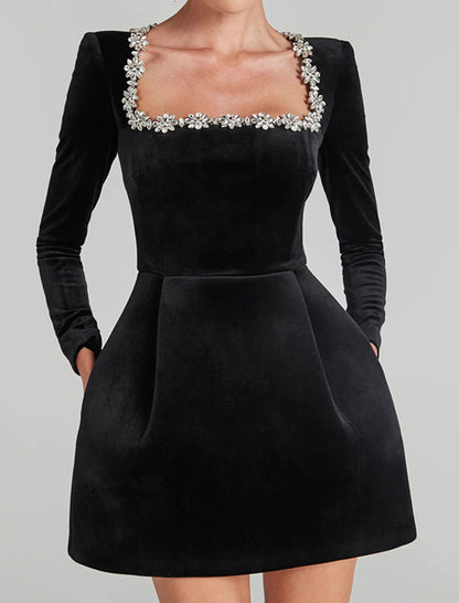 Square Neck Rhinestone-Trimmed Velvet Dress