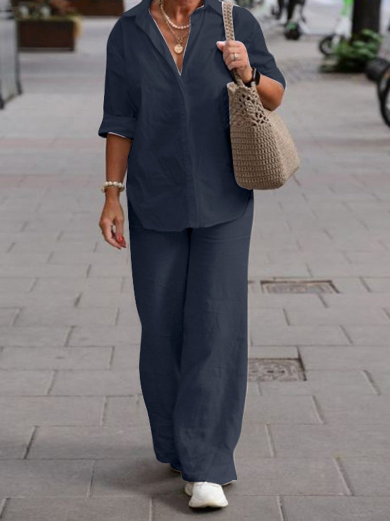 Long-Sleeve Shirt and Wide-Leg Pants Set