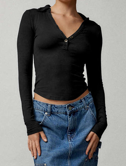 Collared V-Neck Fitted Long Sleeve Top