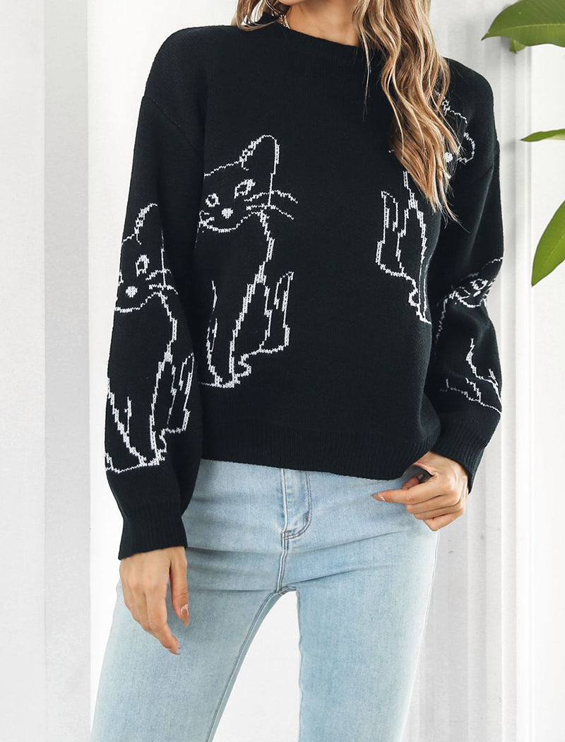 Cat Graphic Knitted Pullover Sweater