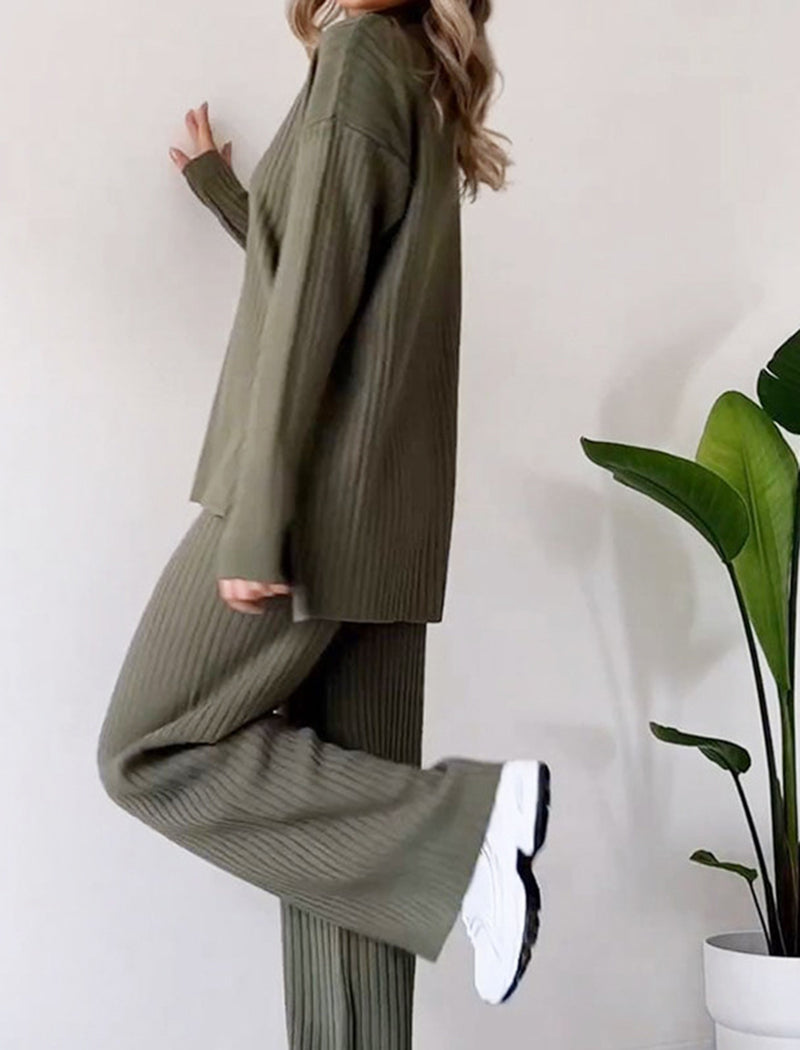 Ribbed Knit Top and Wide-Leg Pants Set