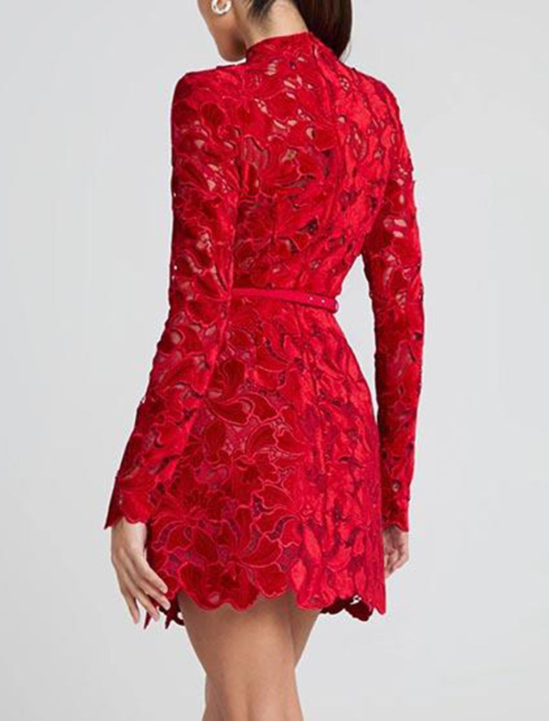 Floral Lace Mini Dress with High Neckline