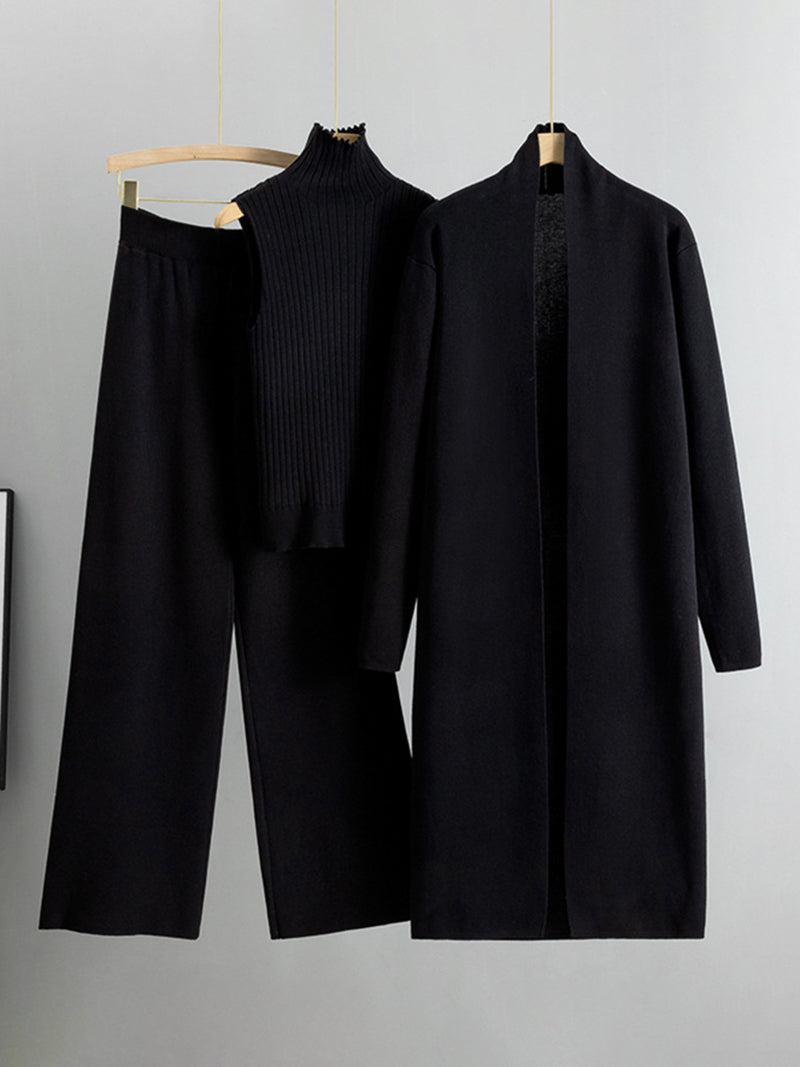 Solid Sleeveless Top and Pants and Coat Set