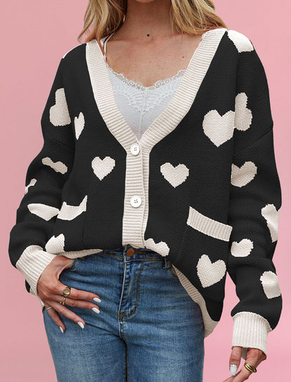 Button-Up Cardigan with Heart Accents