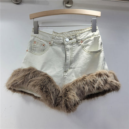 Faux Fur Trim High-Waisted Denim Shorts