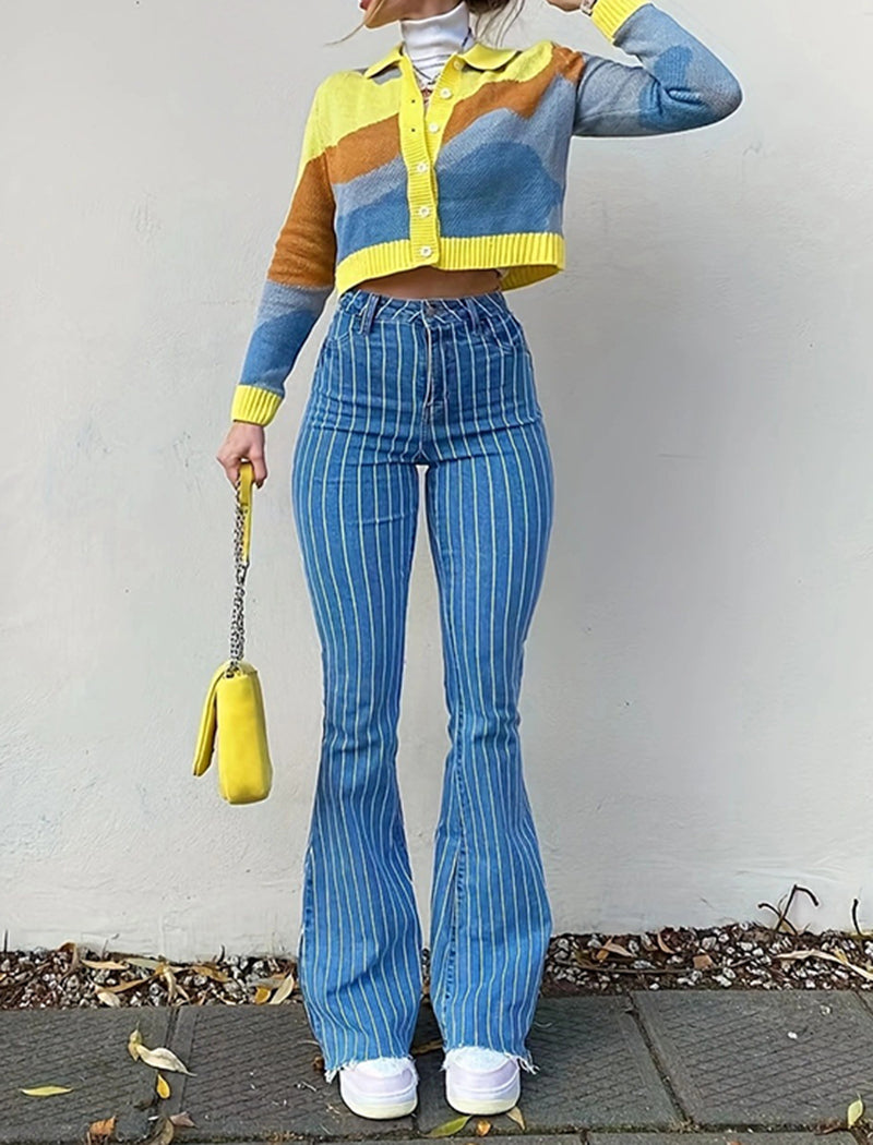 Striped High-Rise Flare Jeans