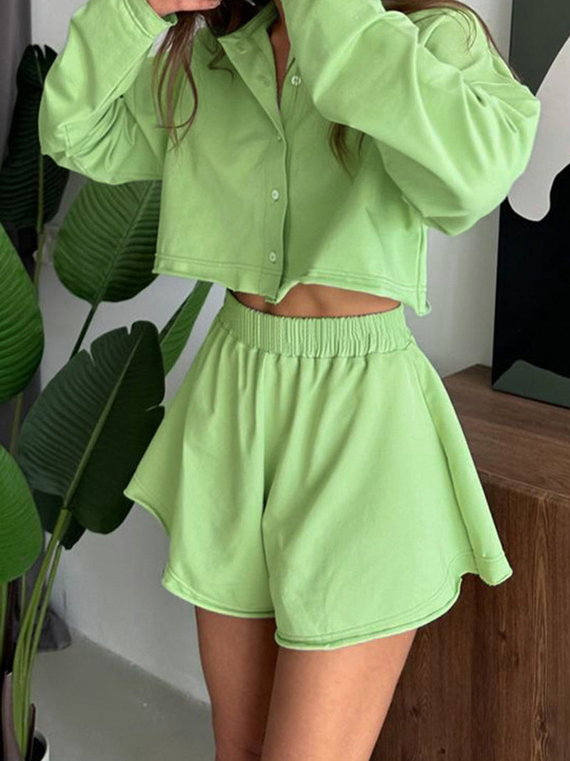 Cropped Button-Up Shirt and Flared Shorts Set