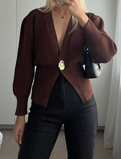 Deep V-Neck Buttoned Knitted Cardigan