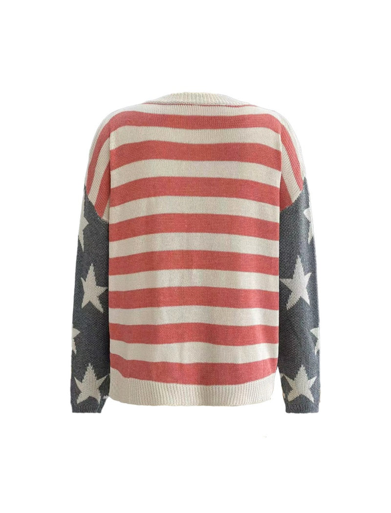 Off-Shoulder Stars and Stripes Knit Sweater