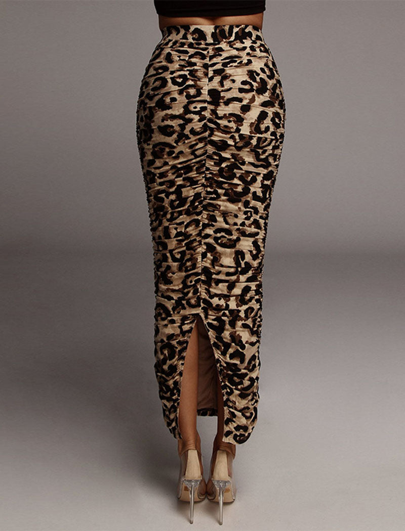 Leopard Print Ruched Maxi Skirt