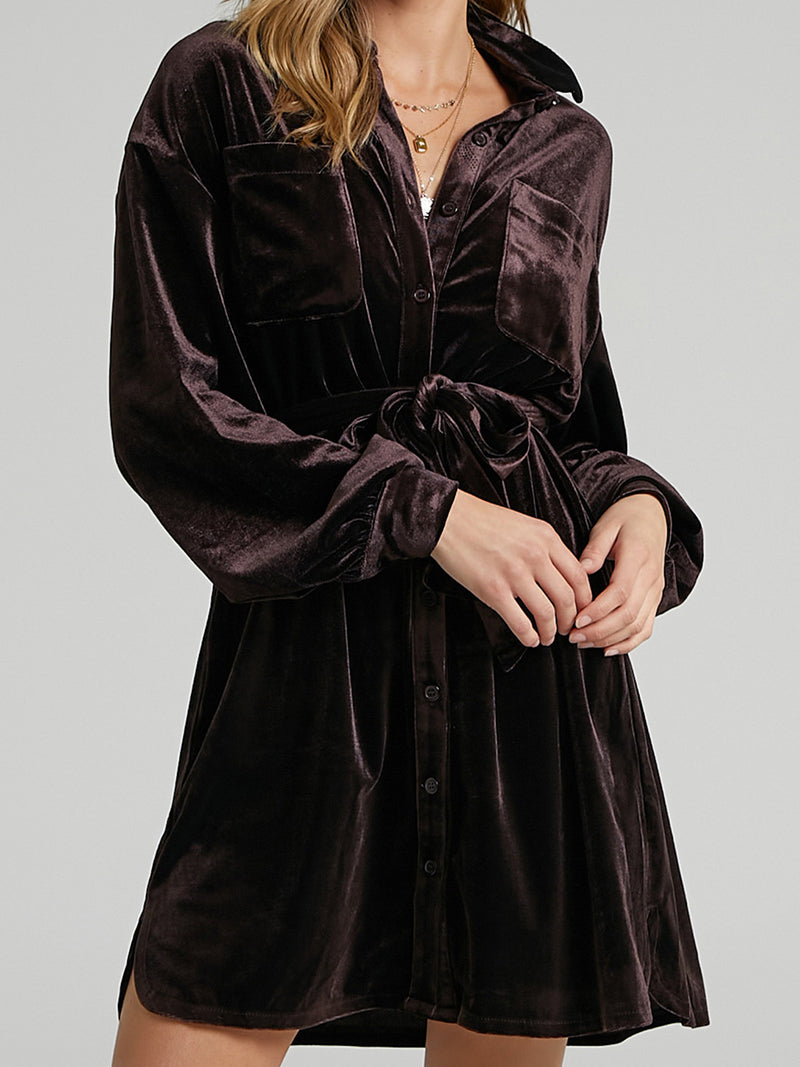 Velvet Button-Up Shirt Dress