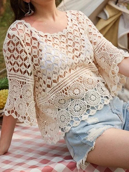 Crochet Hollow-Out Top with 1/2 Sleeve