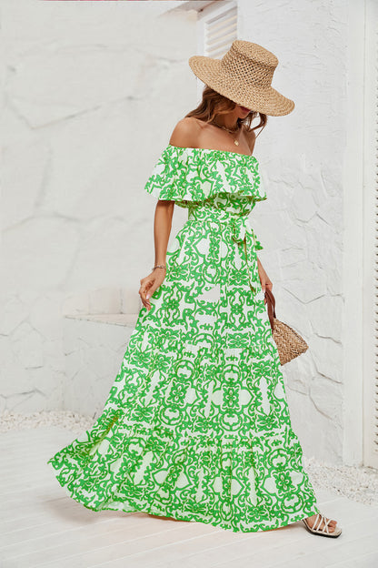 DVI407005D Off-Shoulder Belted Maxi Dress