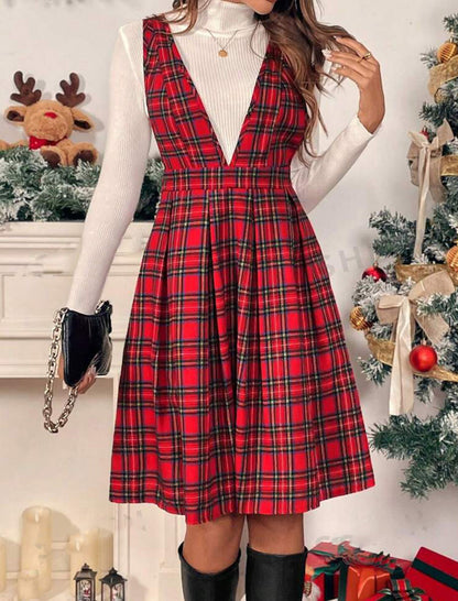 Plaid Sleeveless V-Neck Dress