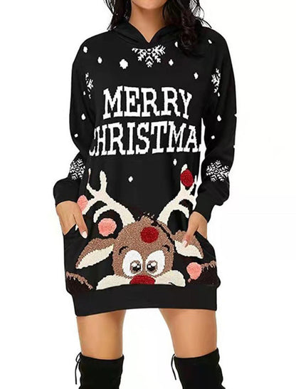 Reindeer Graphic Christmas Hoodie Dress