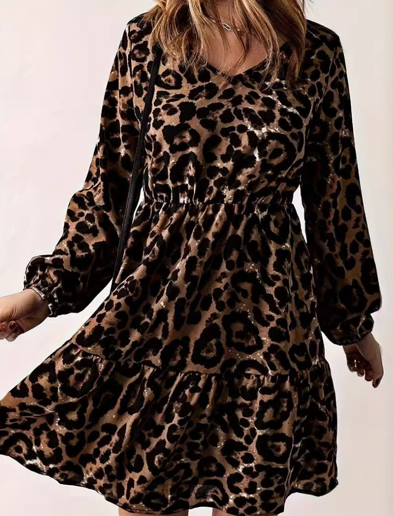 Leopard Print Long Sleeve Tiered Dress