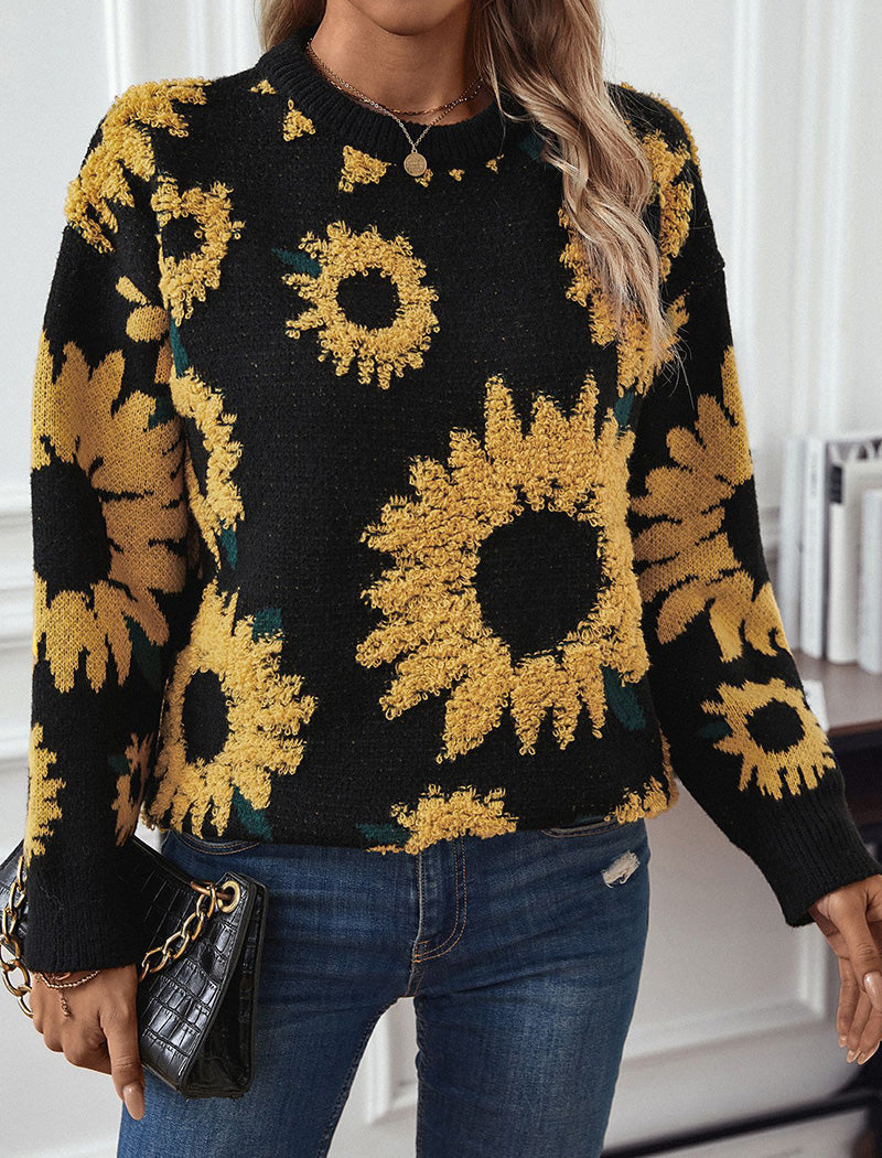 Sunflower Print Knit Sweater