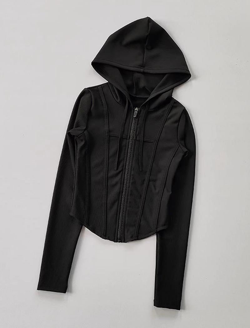 Fitted Ribbed Zip-Up Hoodie Top