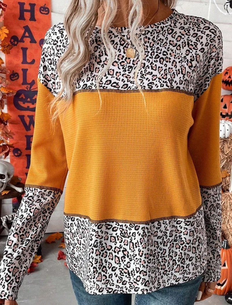 Leopard Patchwork Waffle Knit Sweater