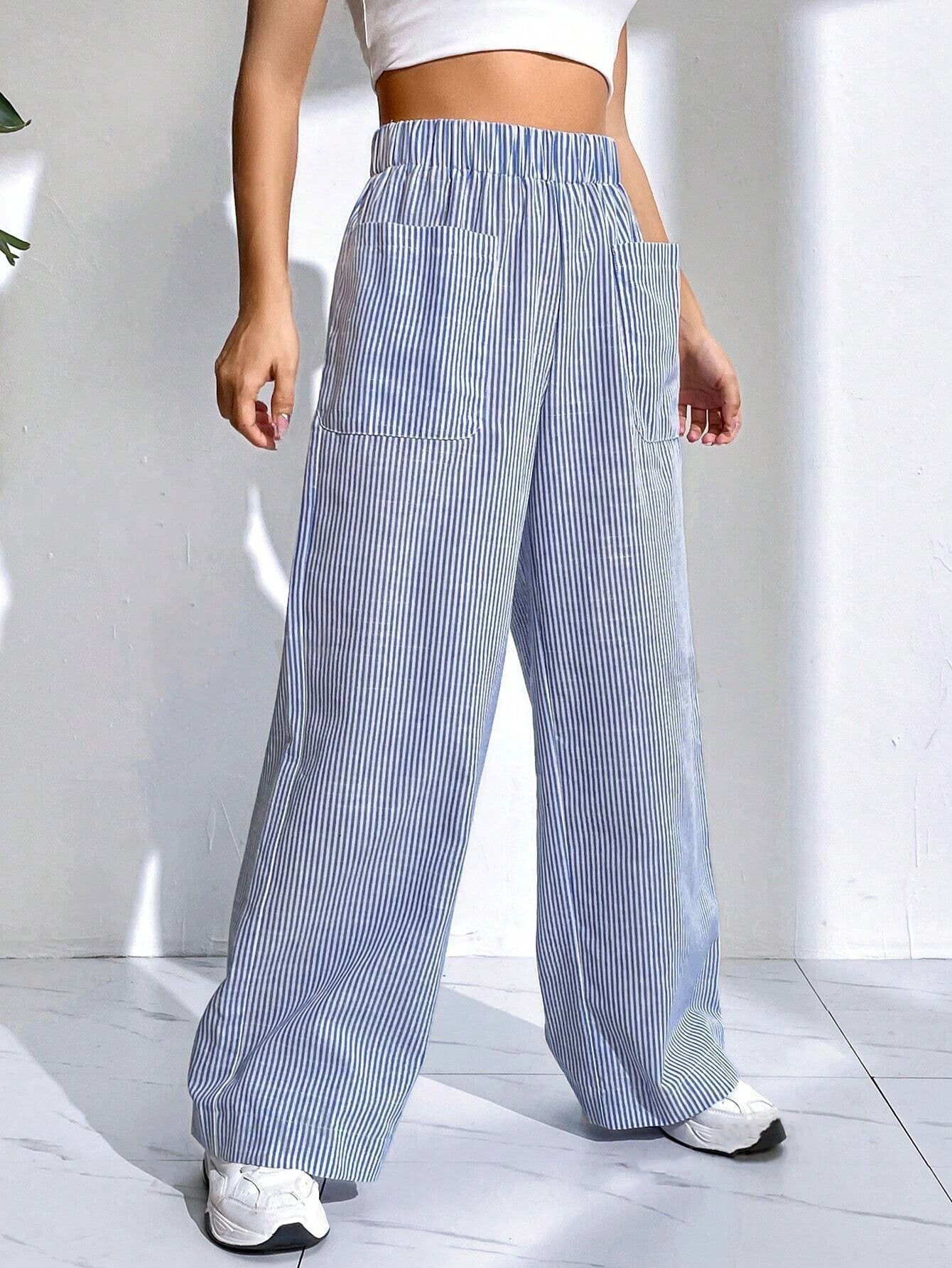 Elastic Striped Wide-Leg Pants