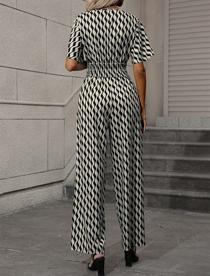 Wave Smocked V-Neck Top and Wide-Leg Pants Set