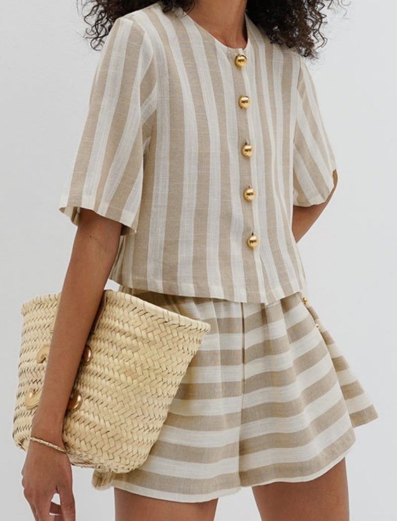 Striped Buttoned Short Sleeve Top and Shorts Set