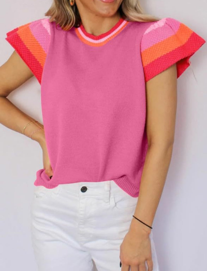 Crew Neck Colorblock Short Sleeve Knit Sweater