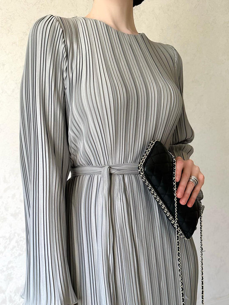 Pleated Long-Sleeve Maxi Dress