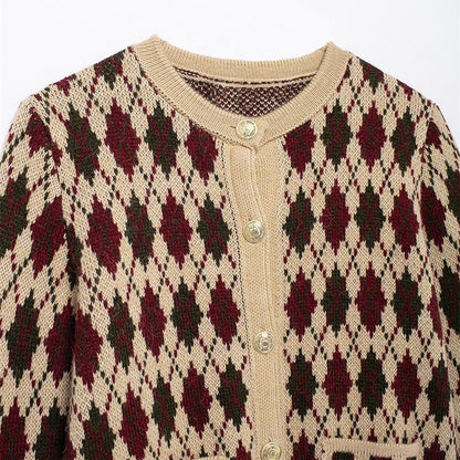 Button-Up Knit Cardigan with Diamond Pattern