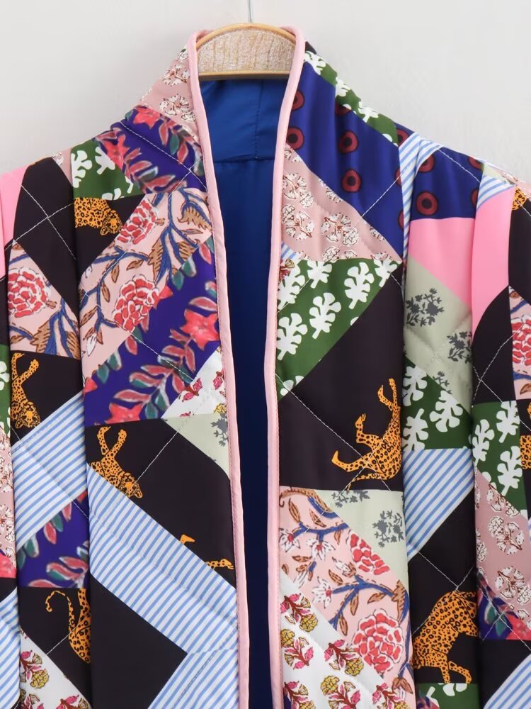 Patchwork Quilted Open-Front Jacket