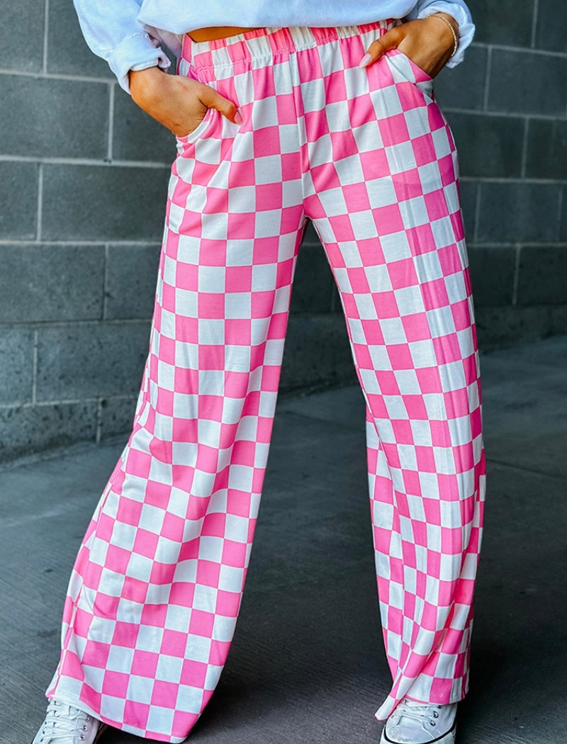 Checkered High-Waisted Wide-Leg Pants