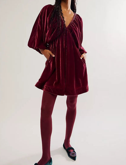 Velvet Mini Dress with Deep V-Neck and Balloon Sleeves