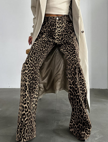 Leopard Print Flared Wide-Leg Pants